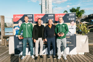 v.l.n.r.: Mathias Gidsel (Füchse Berlin), Dirk Trautmann (Sportfive), Christoph Ritzkat (Kieback&Peter), Nils Lichtlein (Füchse Berlin)