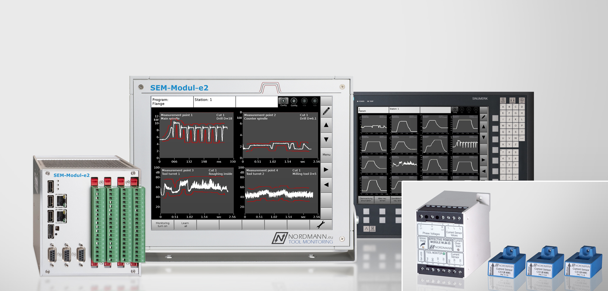 Werkzeug&uuml;berwachungssystem SEM-Modul-e2 mit Display - alternativ Anzeige auf der NC-Steuerung - sowie das neue Dreiphasen-Wirkleistungsmessger&auml;t WLM-3S mit drei Stromsensoren (kleines Bild).