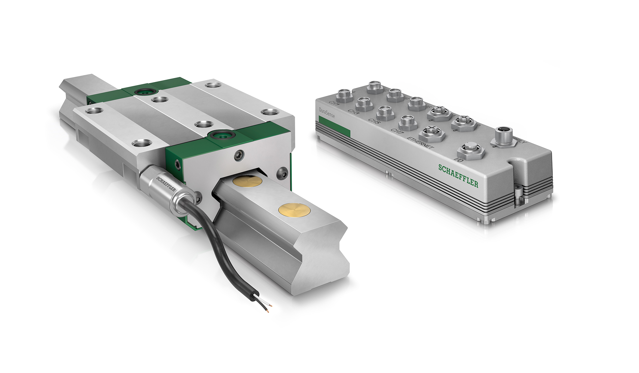 &Uuml;berwachungsl&ouml;sung f&uuml;r Profilschienenf&uuml;hrungen Schaeffler DuraSense: Die Auswerteelektronik ermittelt und &uuml;berwacht die Schmierkennwerte der angeschlossenen Profilschienenf&uuml;hrungen. Neu ist eine Schnittstelle, die den Zugang zu den Rohdaten der Schwingungssensoren erlaubt.