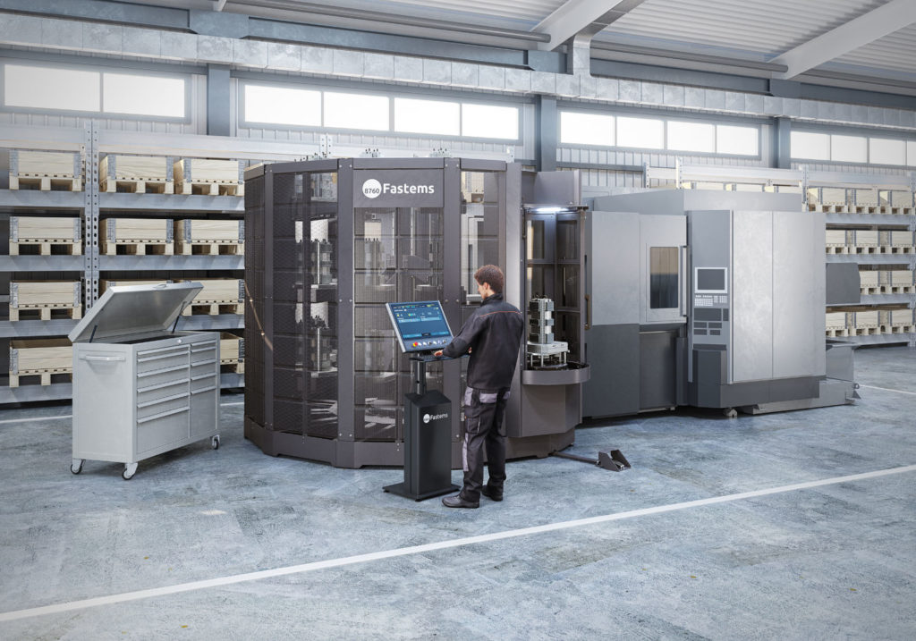 Kompakter und flexibler als vergleichbare L&ouml;sungen: der FPT (Flexible Pallet Tower) von Fastems f&uuml;r die Automatisierung von CNC-Fr&auml;smaschinen.