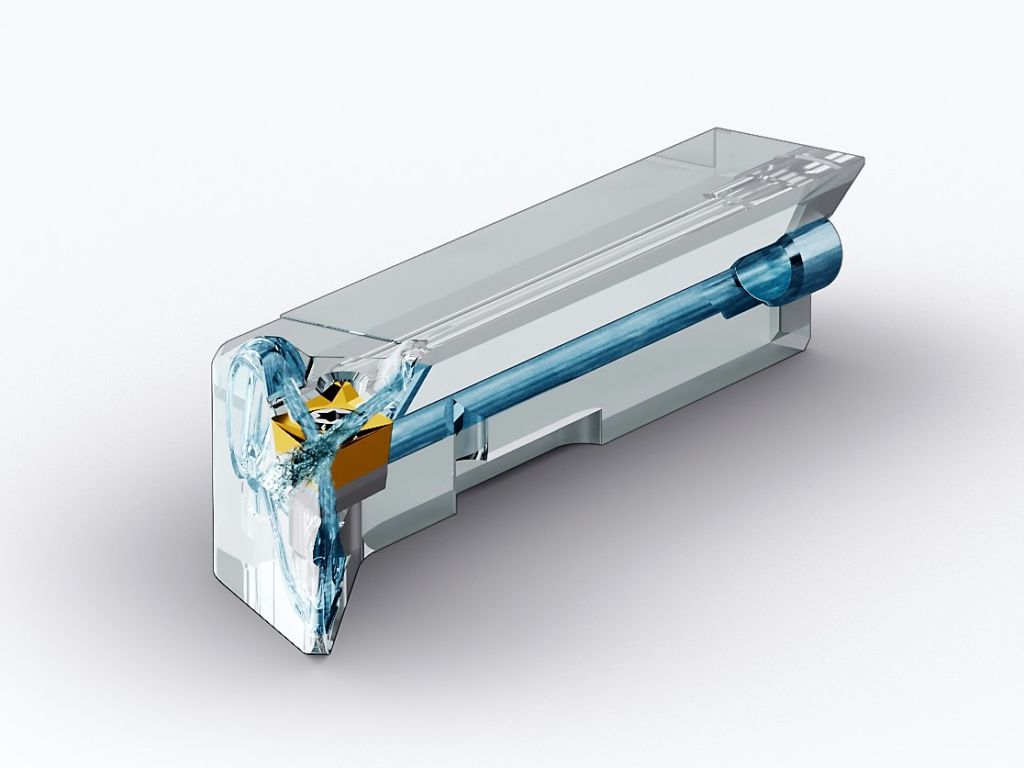 Weil der Kopf des Klemmhalters im 3D-Verfahren aufgesintert wird, sind  die K&uuml;hlkan&auml;le derart gestaltbar, dass sich die K&uuml;hlfl&uuml;ssigkeit besonders effizient bis zum Schneidwerkzeug leiten l&auml;sst sowie von oben und von unten direkt an die Schneide gelangt.