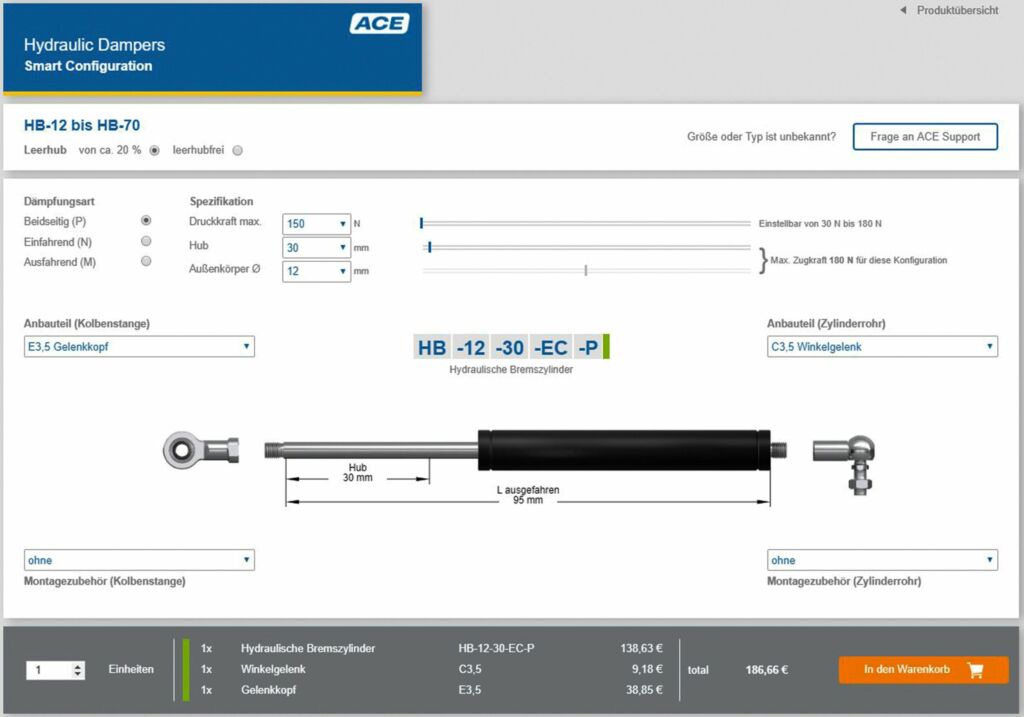 Techniker k&ouml;nnen bei ACE vorab verschiedenste Maschinenelemente konfigurieren, zum Beispiel lassen sich &Ouml;lbremsen oder hydraulische Bremszylinder online berechnen und im Online-Shop des Anbieters bestellen.