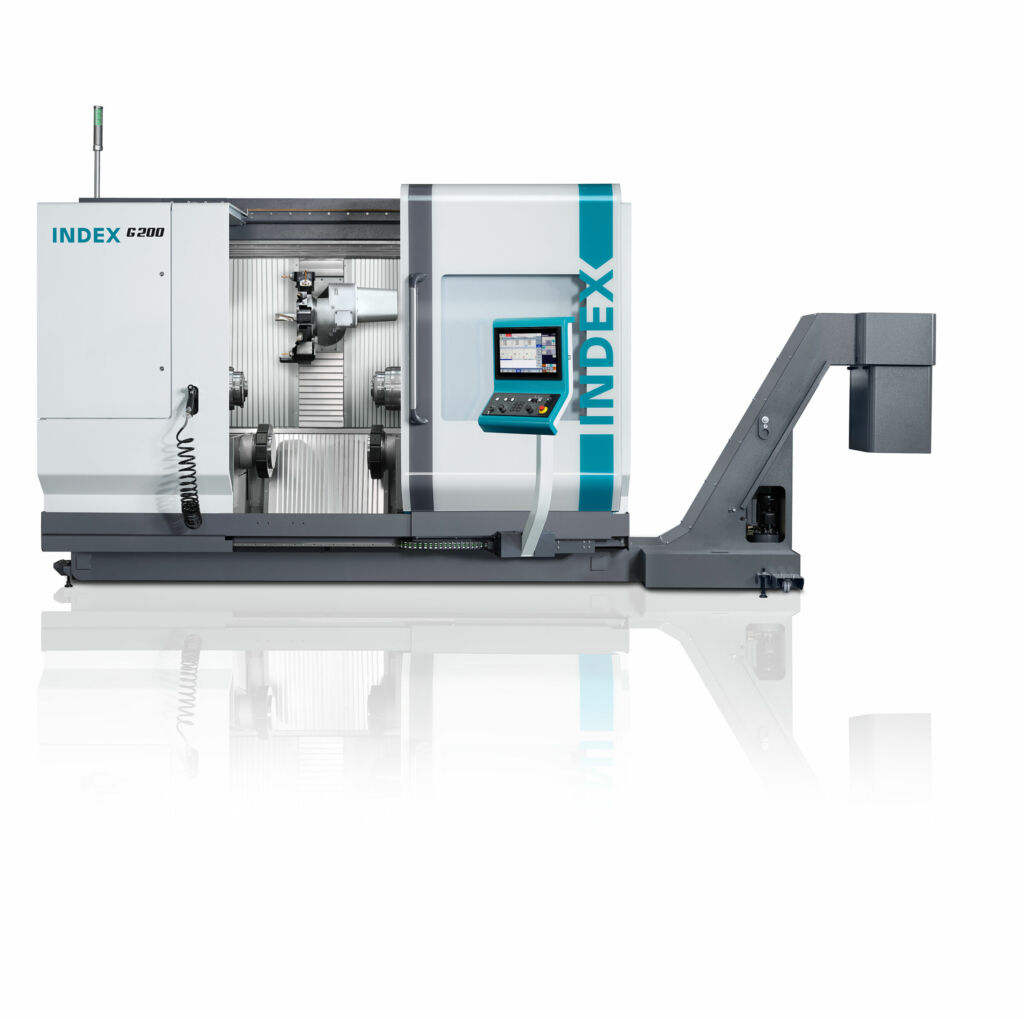 Erstmalig in Langversion mit 1.200mm Drehlänge zu sehen: Index G200 Drehzentrum mit oberem Y/B-Revolver