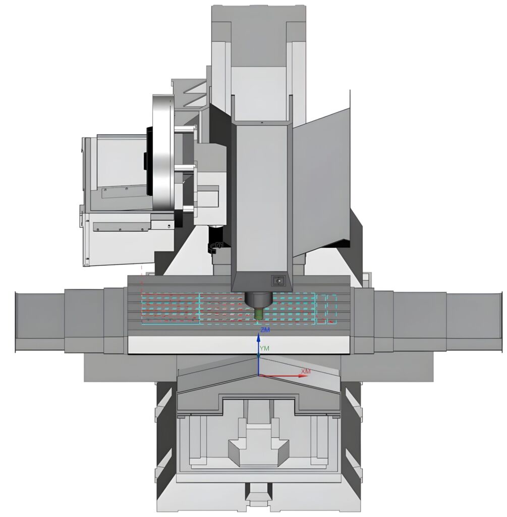 Digitaler Zwilling der Werkzeugmaschine beim Abarbeiten der vom Postprozessor erzeugten NC-Datei. 