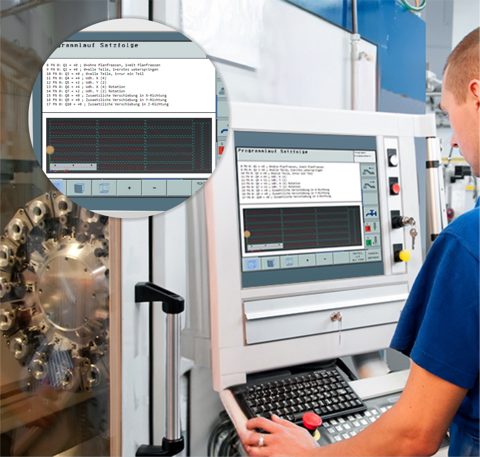 Steuerparameter Heidenhain am Anfang der NC-Datei zum Steuern der Fertigung durch den Maschinenbediener und Bauteil mit Wiederholbearbeitungen mit zwei Feldern 3x5 und 2x1.