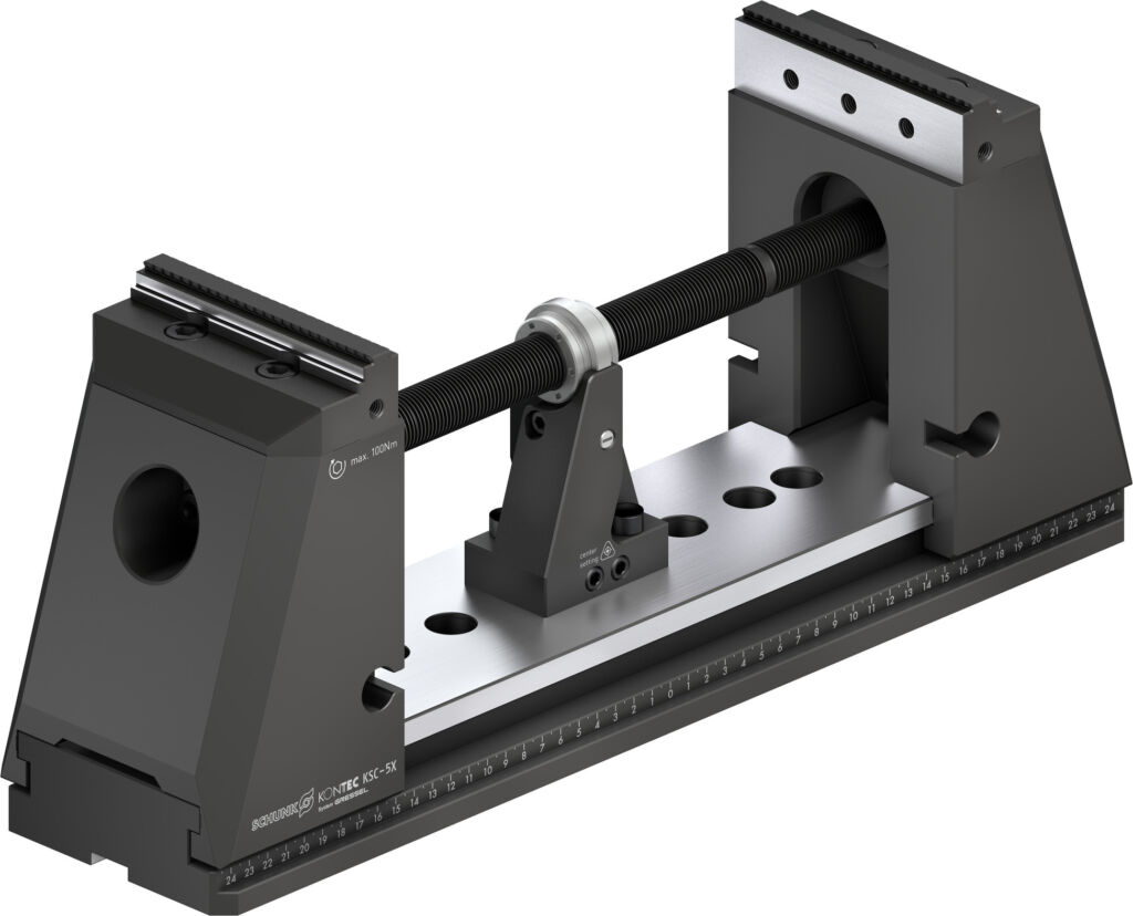 Der neue 5-Achs-Zentrischspanner Kontec KSC-5X mit einem einzigartigen Programm an System- und Aufsatzbacken sorgt f&uuml;r optimale Zug&auml;nglichkeit w&auml;hrend der Bearbeitung, selbst bei komplexen Werkst&uuml;cken. 