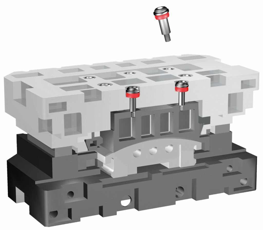 Schema eines Presswerkzeugs mit Niederhalter und Halteschrauben: Statt Niederhalterringen aus PU kommen Niederhalterd&auml;mpfer von ACE aus Co-Polyester Elastomer zum Einsatz (rot), um Kraftspitzen noch besser zu reduzieren und mehr Energie zu absorbieren.