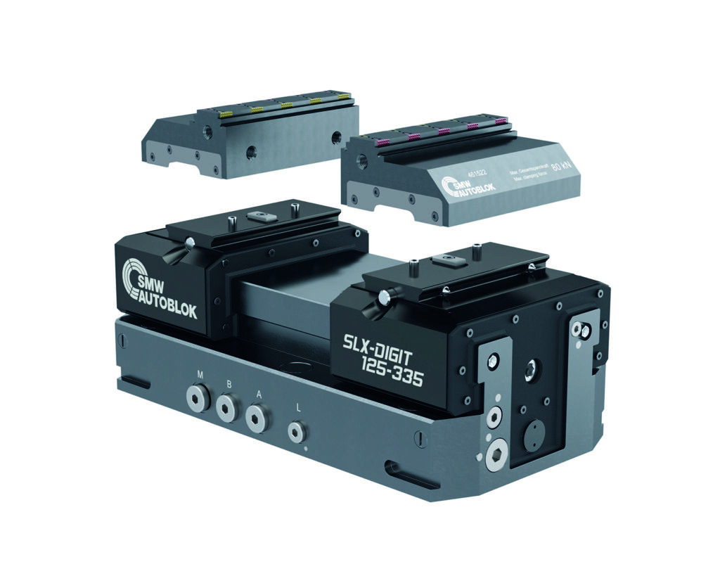 Der SLX digit geh&ouml;rt zu den 
ersten hydraulischen Langhubspannern, die automatisierbar sind: 
&Uuml;ber eine Pin-Bet&auml;tigung ist ein 
Backenwechsel durch Roboter m&ouml;glich. 