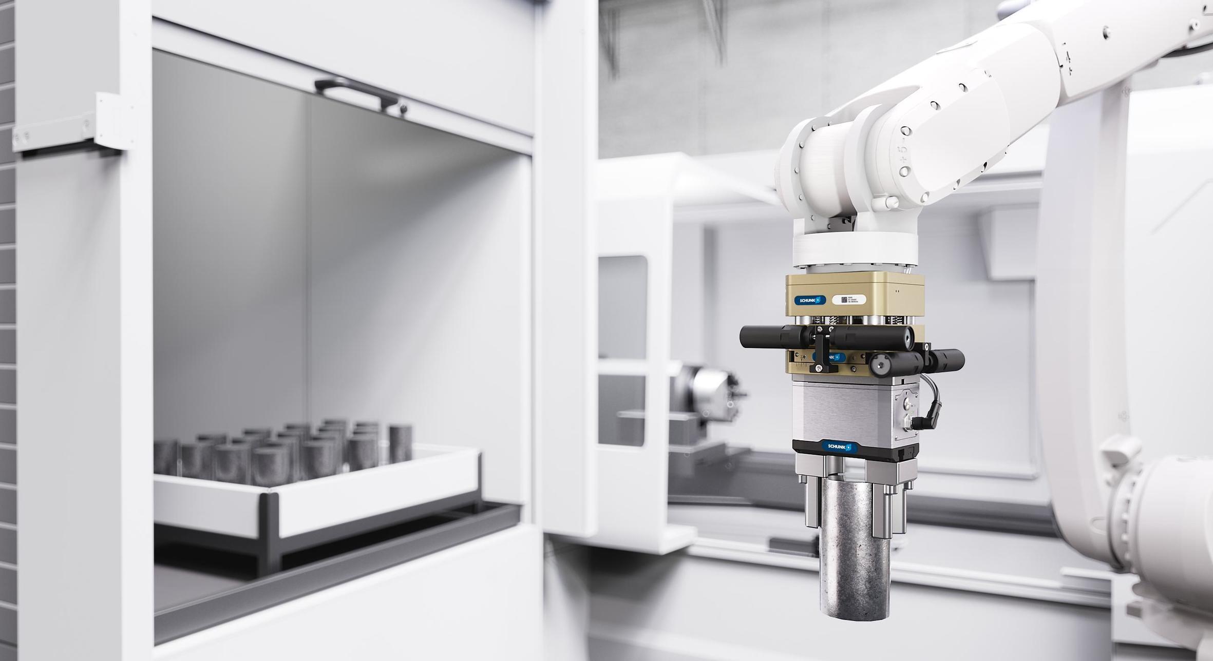 Beim Be- und Entladen von Maschinen sorgt die AGM durch ihren Ausgleich in X-, Y- und Z-Richtung für hochgenaues Positionieren, weniger Unterbrechungen und gesteigerte Prozessstabilität.