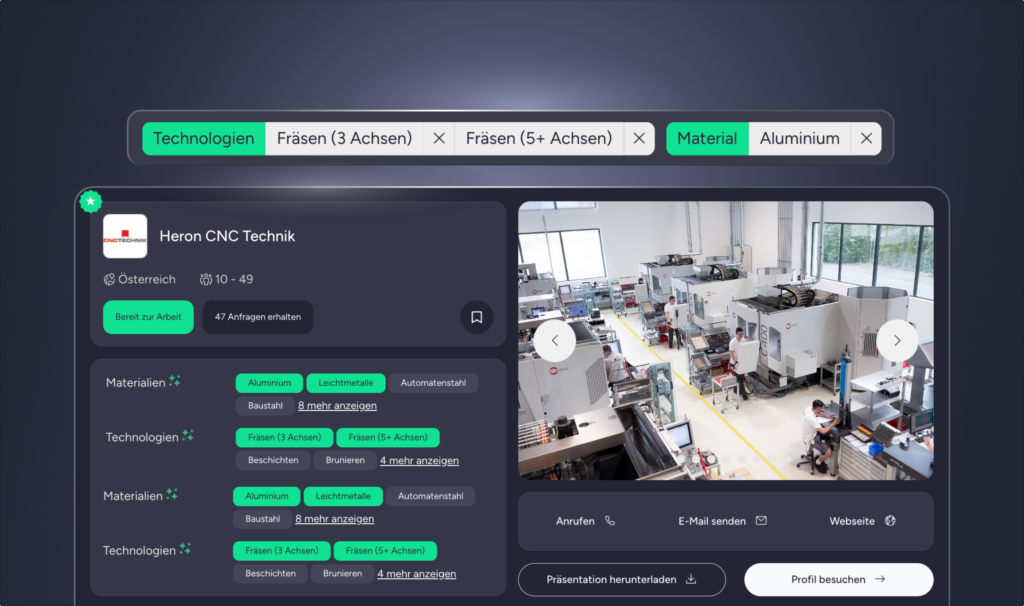 Abgleich mit geeigneten Fertigungspartnern innerhalb des Partfox-Netzwerks. 