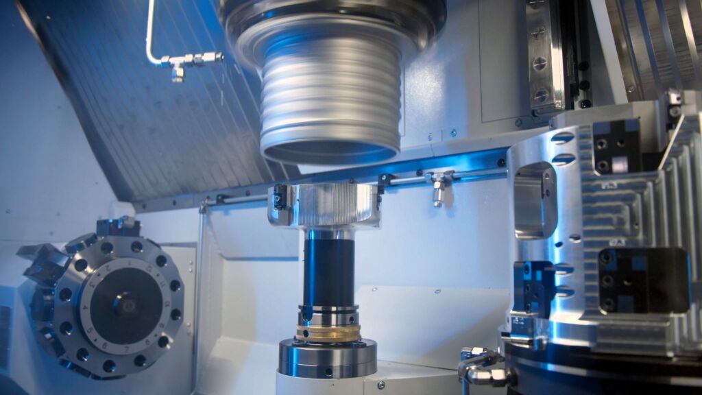 In den laufenden Prozess geschaut: Erster Bearbeitungsschritt ist das Vorschruppen der verschiedenen Innendurchmesser des Bauteils. Dabei steht das Werkzeug still und nur das Werkst&uuml;ck dreht sich. 