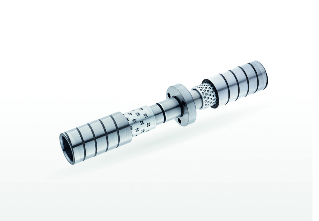 Mittenbunds&auml;ule von Agathon mit Einbaubuchsen oben und unten, einem Kugelk&auml;fig oben sowie einem Rollenk&auml;fig unten.