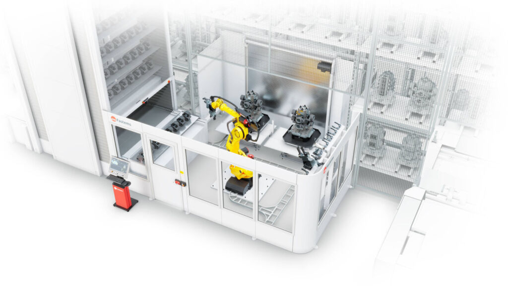 Eine ALD-Zelle erhöht den Automatisierungsgrad und somit die Produktivität eines FFS, weil sie rund um die Uhr mit einem Roboter das automatisierte Be- und Entladen von Vorrichtung auf Paletten übernimmt.