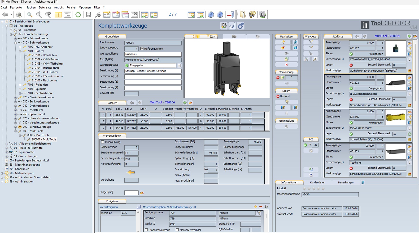 Anzeige im ToolDirector VM (Toolmanagement-Software von Coscom): Sowohl Standardwerkzeuge als auch Multitools mit mehreren Schneiden lassen sich mit korrekten Geometriedaten verwalten und im Bereitstellungsprozess verarbeiten.