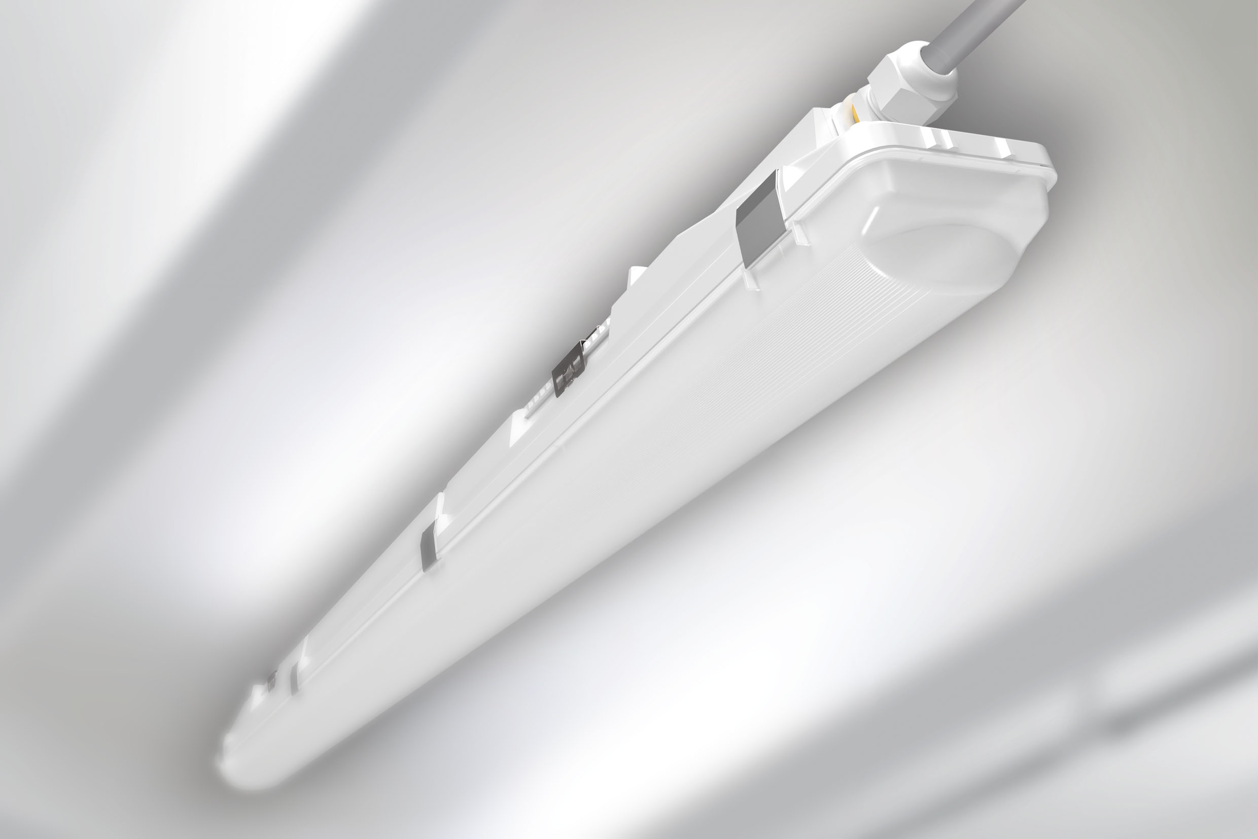 Feuchtraumleuchten der Serie Olivia-2 für DALI-2 oder On/Off verfügen optional über einen integrierten HF-Bewegungsmelder. Das Bilden von zu steuernden Gruppen erfolgt mithilfe der integrierten Durchverdrahtung mit 5 x 2,5mm² und Steckklemmen auf den Seiten.