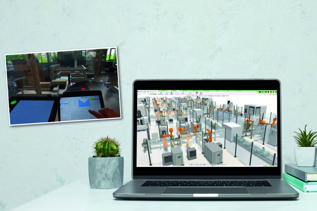 Bild oben: Blick durch eine AR-Brille auf eine virtuelle Verpackungsanlage – verbunden mit einem realen HMI zur Anlagensteuerung