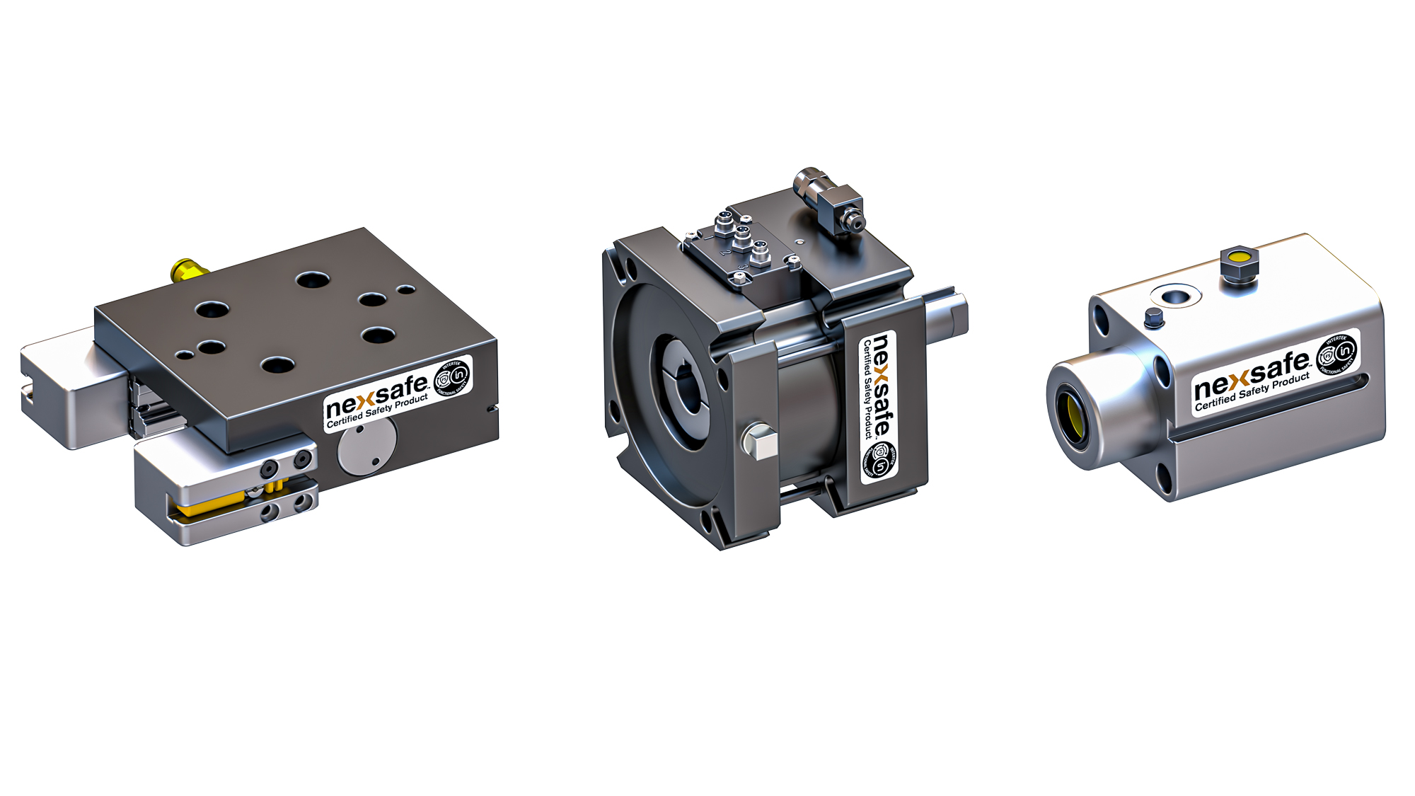 Sicherheitszertifiziert nach der internationalen Sicherheitsnorm ISO 13849-1: NexSafe Schienenbremse (links), NexSafe Servomotorbremse (Mitte) und NexSafe Wellenbremse (rechts)