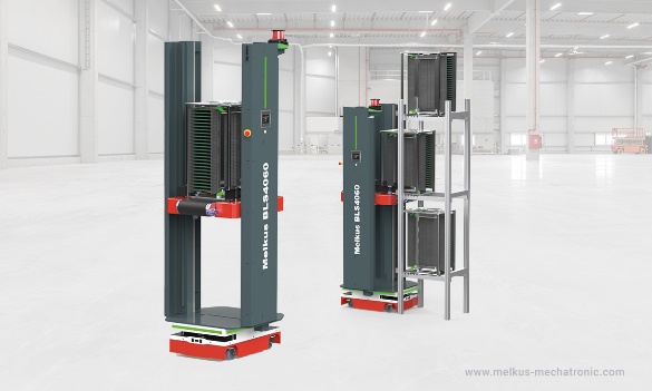 Das Kompakt-AGV Melkus Rack Stacker BLS4060 ist für den Einsatz in der Elektronik- und Feinmechanikproduktion ausgelegt