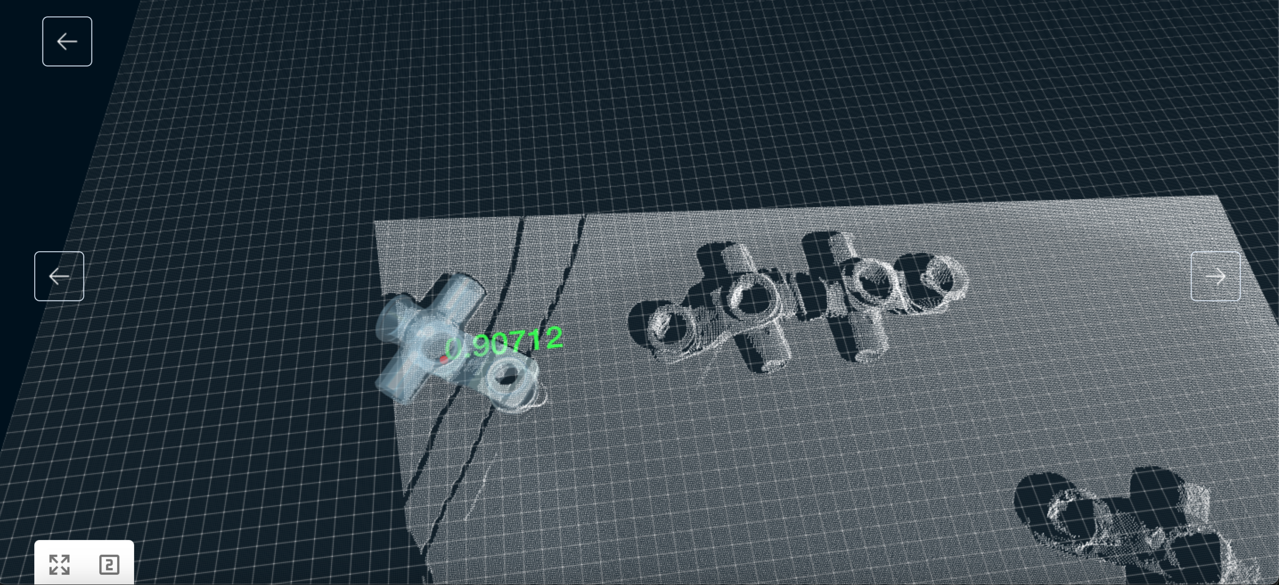 Das KI-System kann greifbare Teile trotz Störungen erkennen - auch bei einer unvollständigen Punktewolke am Rand des Sichtbereichs und einer Verdeckung.