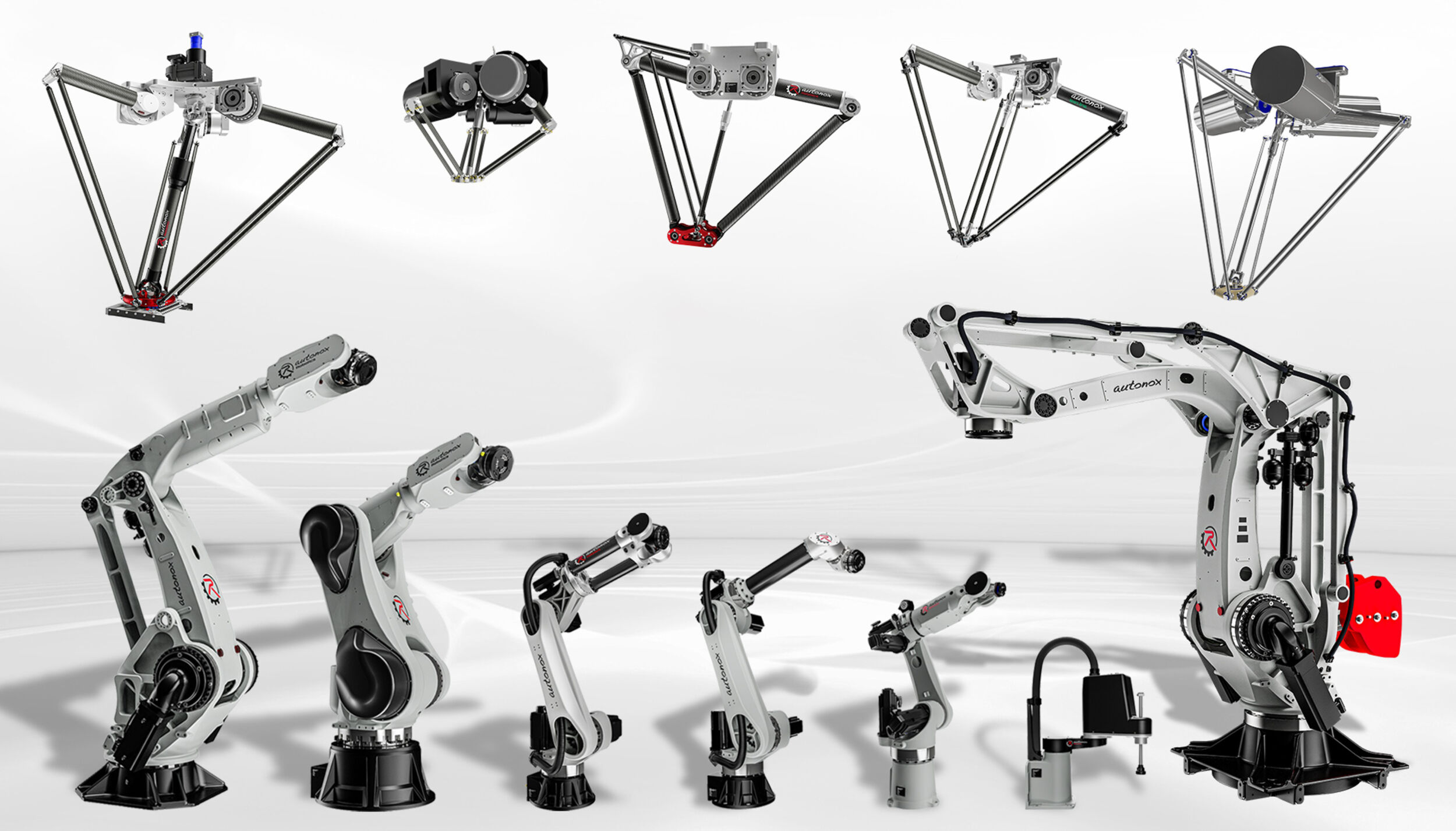Die Auswahl an verfügbaren Robotermechaniken bei Autonox umfasst u.a. Knickarmroboter bis hin zu Deltakinematiken - jeweils mit unterschiedlichen Traglasten, Freiheitsgraden und Ausführungen.
