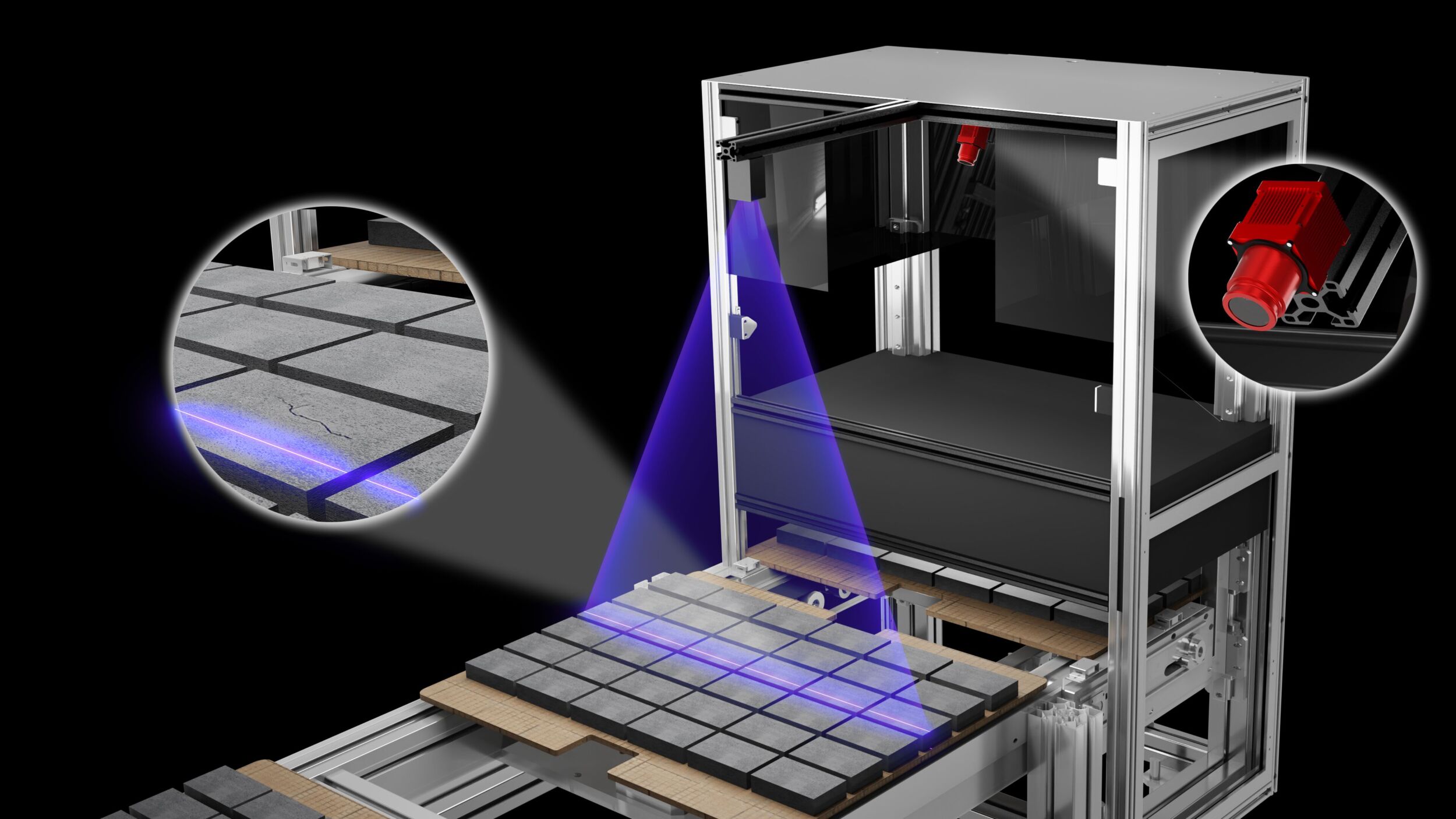 Mittels einer 3D-Lasertriangulationskamera werden bei Kortmann Beton pro Tag 4.000 zu prüfende Bretter mit jeweils 30 Steinen in sekundenschnelle geprüft.