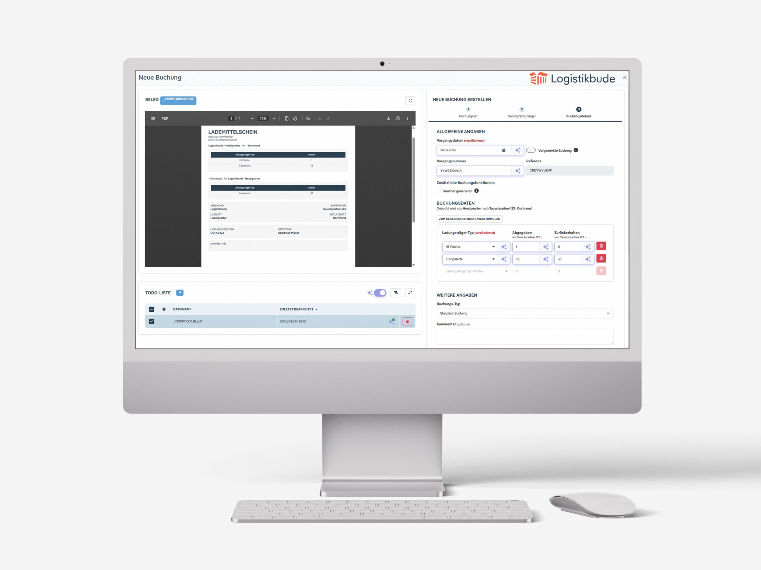 Der KI-Agent verarbeitet die Informationen von handschriftlich ausgefüllten sowie gedruckten Palettenscheinen und erzeugt daraus automatisch eine Buchung.