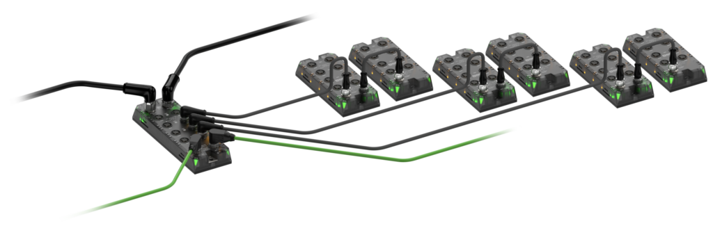 Mit Pure.IO lassen sich besonders
effiziente Verdrahtungs- und Topologiekonzepte umsetzen -
inklusive Daisy-Chain-Anbindung für weniger Verkabelungsaufwand und
einfachere Installation in platzkritischen Anwendungen.