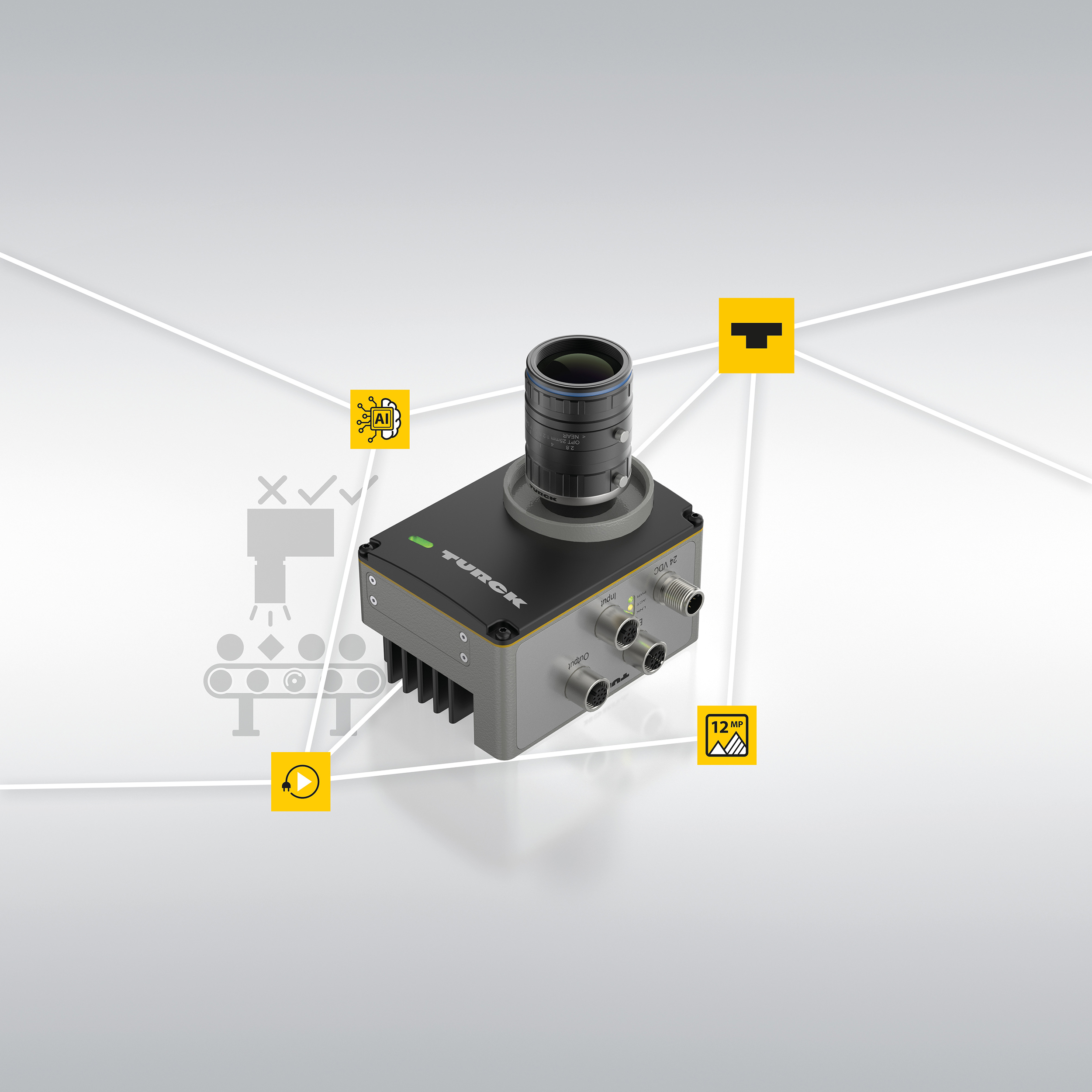 Bildverarbeitung in Echtzeit direkt an der Linie: AI-Kamera TIV (Turck Intelligent Vision) mit KI-Tools für anspruchsvolle Aufgaben.