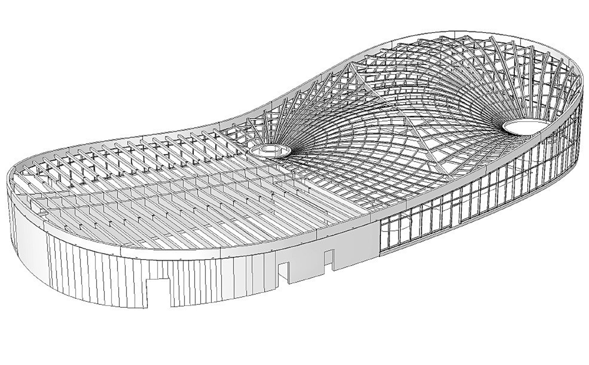 Schwimmhalle im thüringischen Illmenau: Konstruktionsbild Dachlandschaft