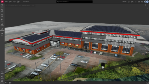 Außenansicht des digitalen Zwillings: Das BIM-Modell des Autodesk Technology Centers erleichtert den Betrieb und die Wartung des Gebäudes.