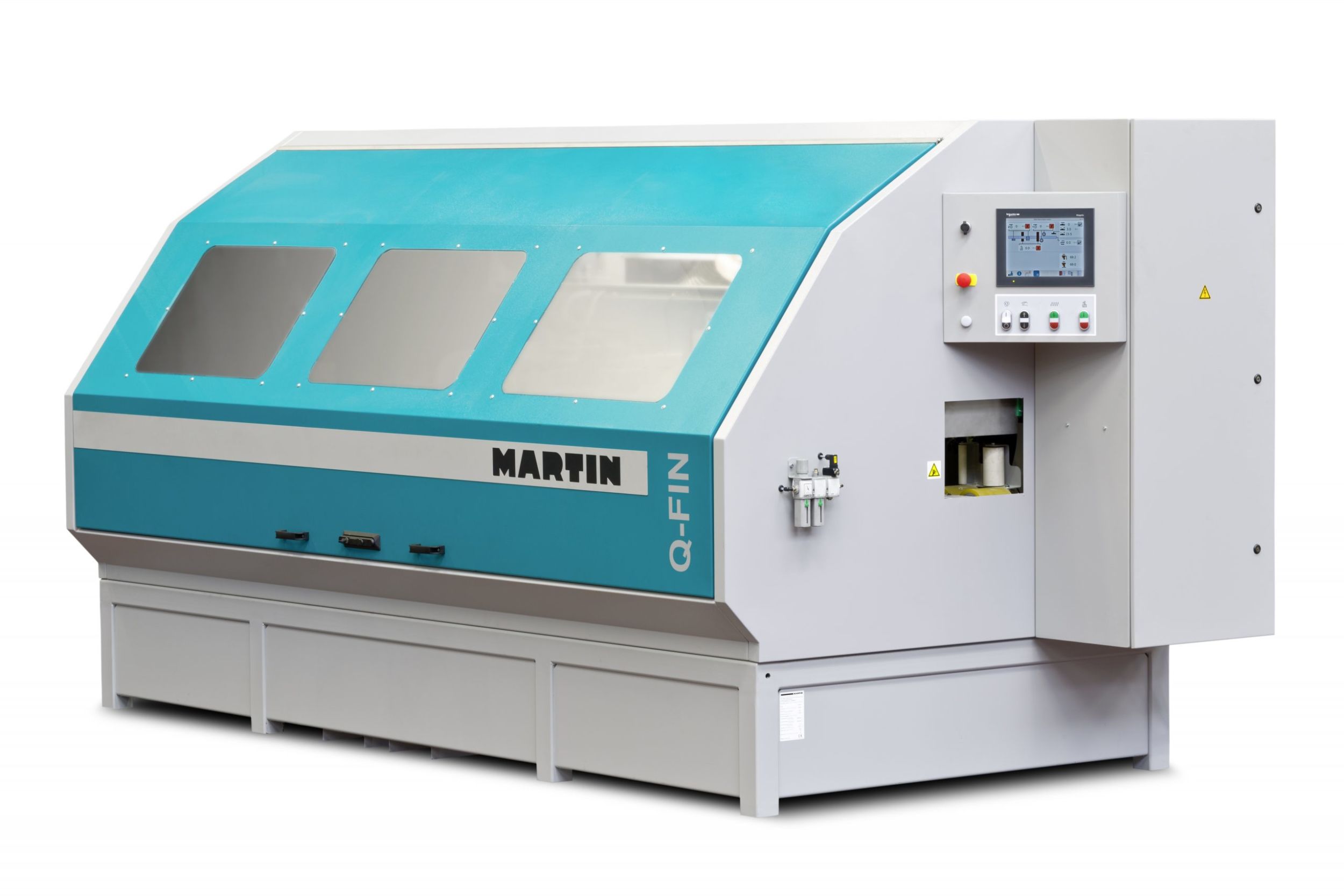 Um ein Fasenaggregat und die elektromotorische Positionierung der seitlichen Bürstenaggregate erweitert: die Spezialschleifmaschine Q-Fin