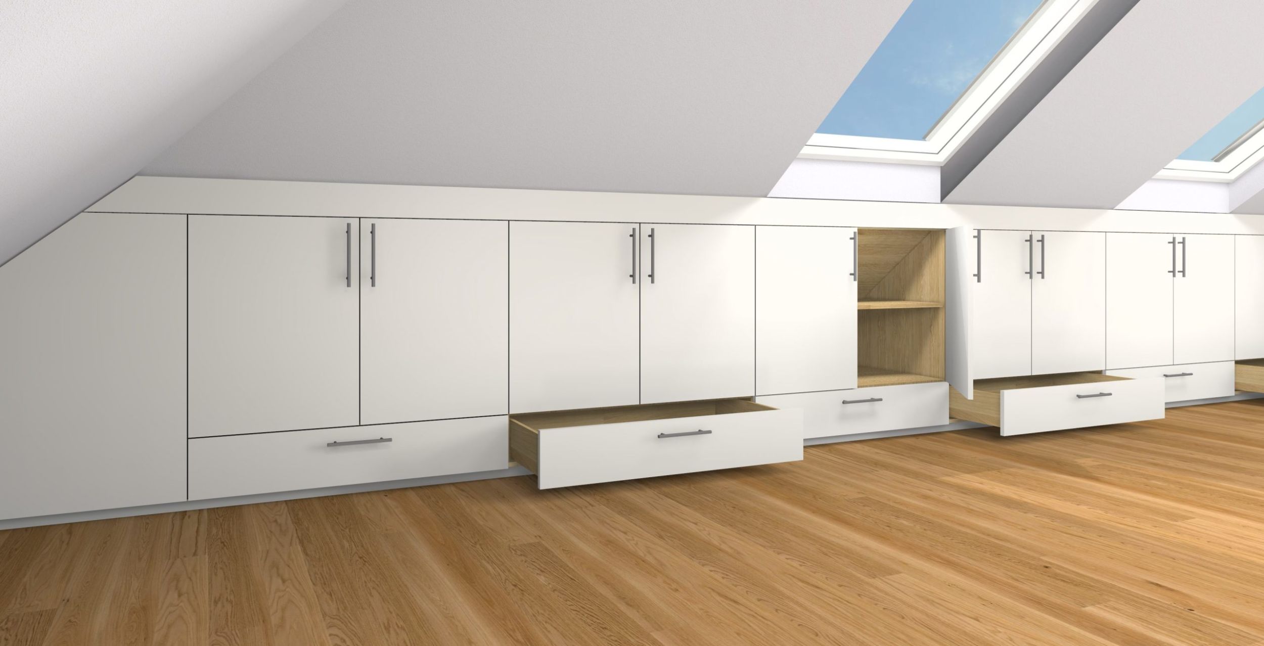 Planen, präsentieren, fertigen Varianten Korpusmöbel in einer Dachschräge mit OSD-Corpus+ und Zusatzwerkzeugen erstellt