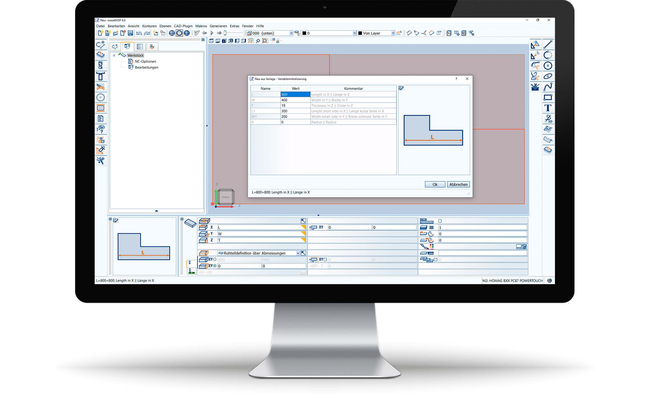 WoodWOP (seit 1991) ist die erste werkst&uuml;ckorientierte Programmierl&ouml;sung in der Holzbranche. Vorlagen mit Basiskonturen, wie hier zu sehen, machen die Programmierung von neuen Werkst&uuml;cken um einiges einfacher.