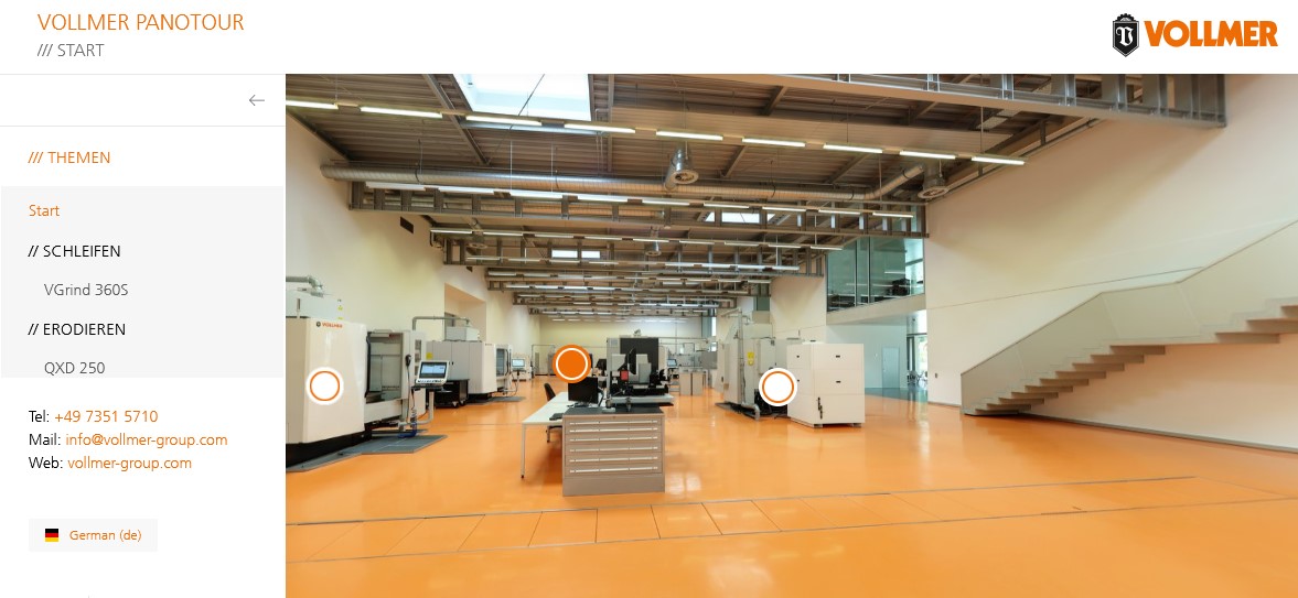 Screenshot des digitalen Showrooms der Vollmer 360-Grad-Tour, der Besucher durch das virtuelle TDZ führt, das in der realen Welt in Biberach steht.