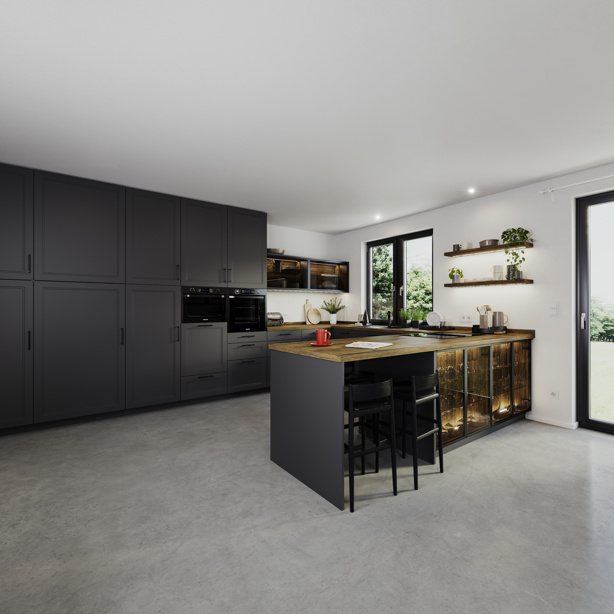 Trends für den Küchenbau Landhaus mit Licht: Rahmenfronten in mattem Grau, beleuchtete Vitrinen und Holzoberflächen mit lebhaften Maserungen verleihen dieser Landhausküche einen modernen Touch.