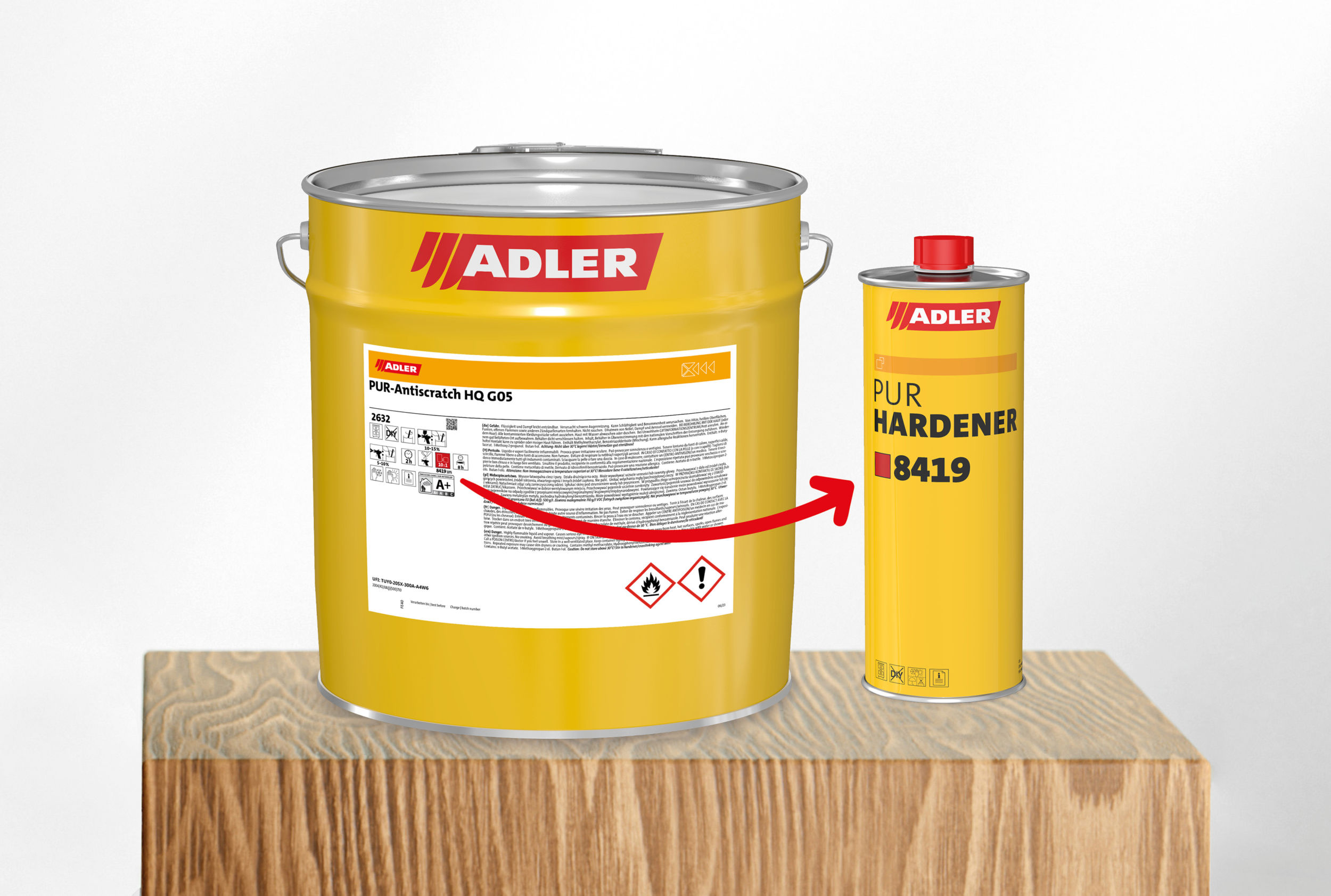 Gebinde von Lack und Härter mit übersichtlichem Farb-Code