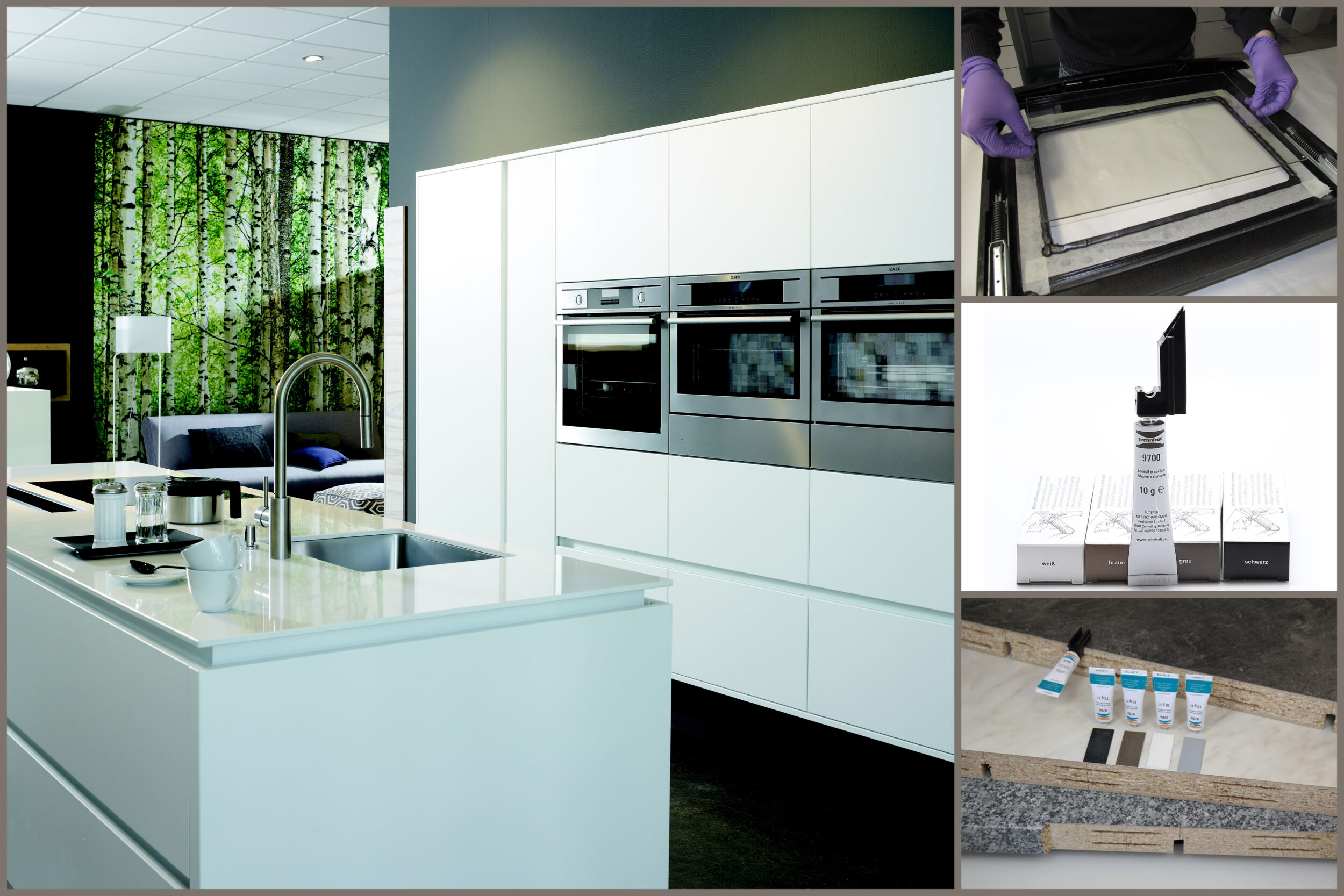 Mehr Klebeeffizienz für Küchen Die Klebstoffe dichten Stoßkanten ab, fixieren Backofenscheiben, Blenden und Türgriffe und geben Furnieren an Fronten dauerhaften Halt.