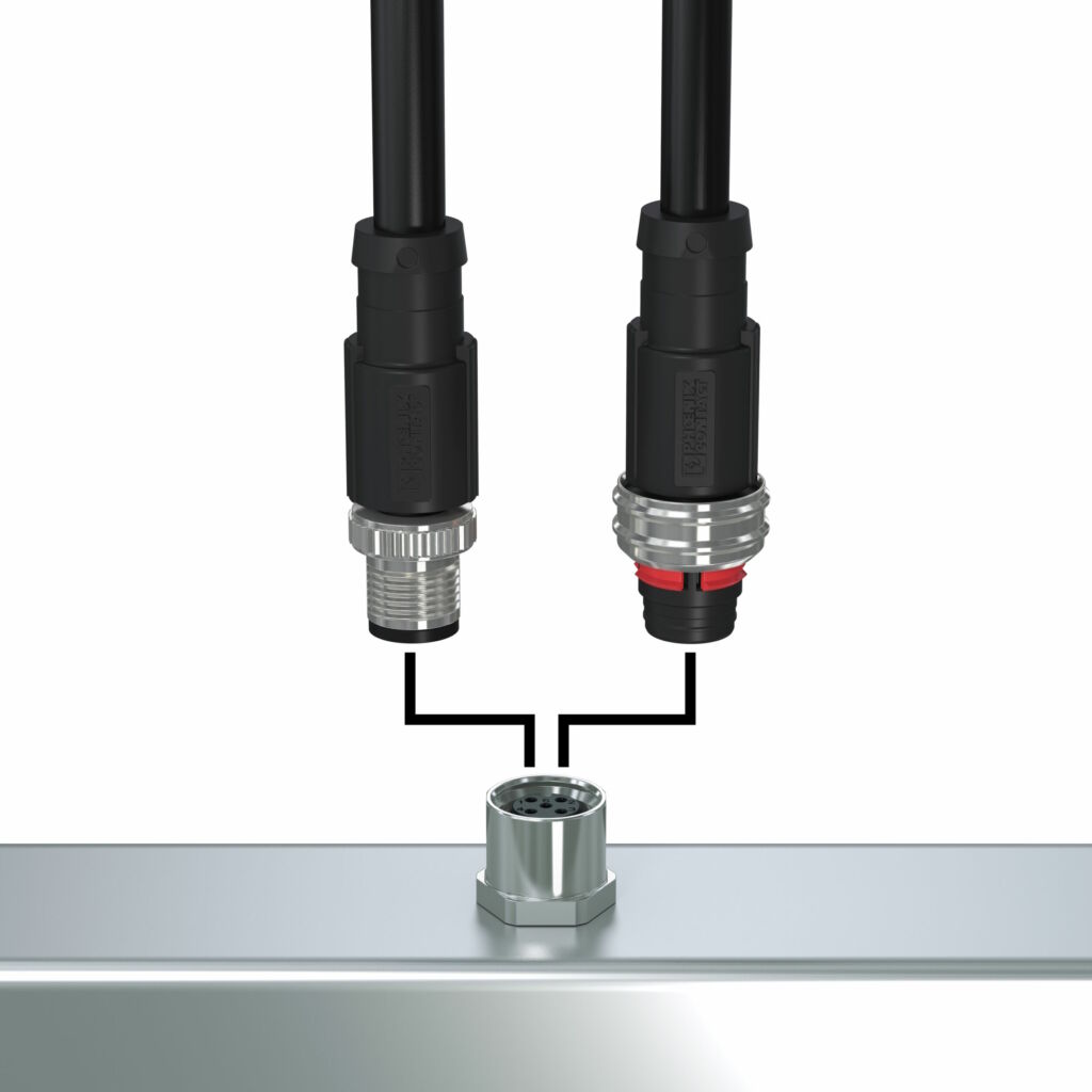 Sicher und schnell im Feld verdrahtet 5 Die M12-Duo-Kontur erlaubt eine flexible Feldverdrahtung mit M12-Schraubsteckverbindern (links) oder der Push-Pull-Schnellverriegelung (rechts).