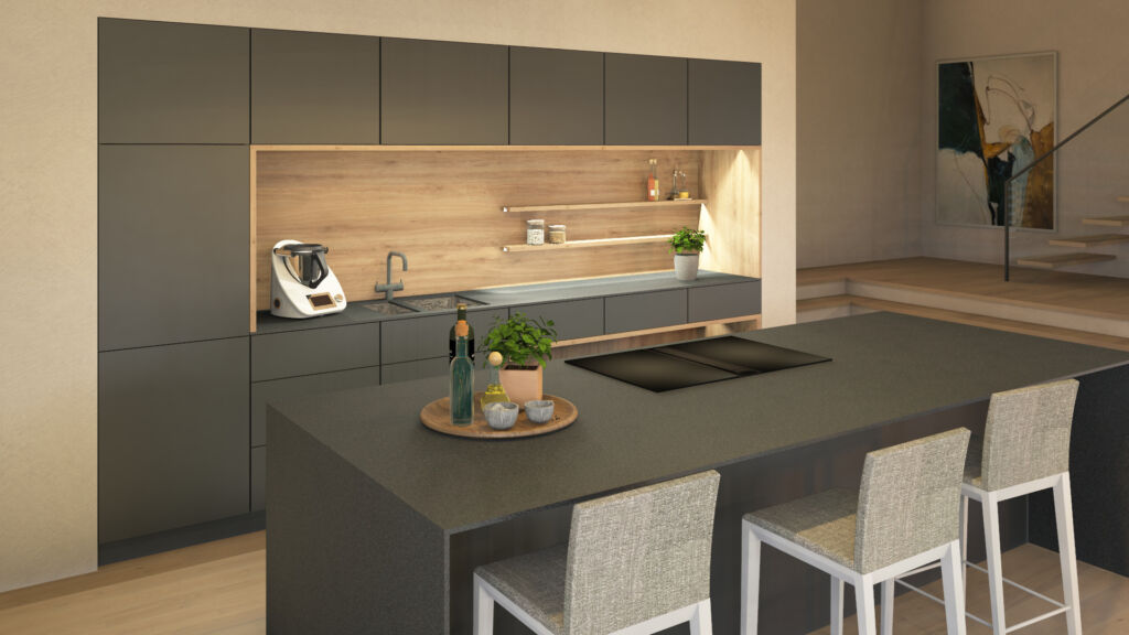 Neue Küche hier klicken 1 3D-Visualisierung der fertig geplanten Küche als
Grundlage für Kunden- und Verkaufsgespräche.