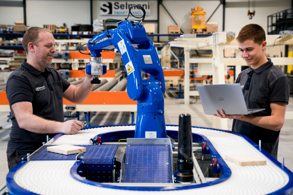 Holzplatten-Handling mit integrierter Qualitätskontrolle 1 Selmoni zeigt eine robuste und günstige Sortieranlage mit Kamerasystem zur Qualitätskontrolle.