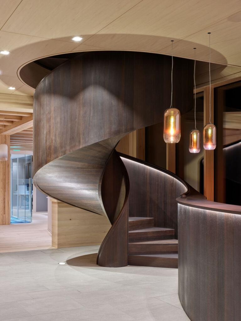 Innovationsgeist als Erfolgsfaktor 1 Kreisbogentreppe mit furnierten Brüstungen, geschwungener Untersicht und beleuchtetem Handlauf