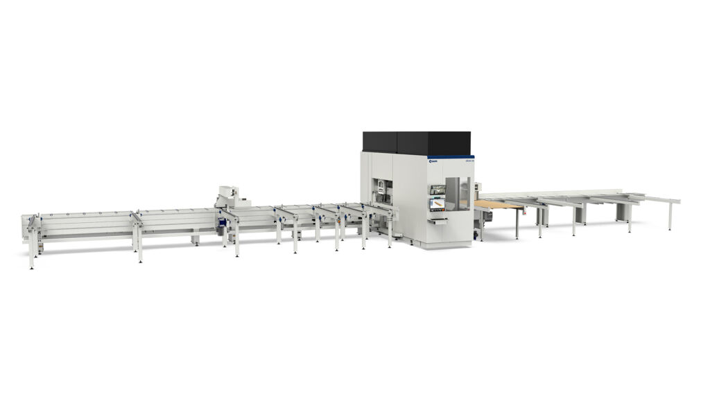 CNC-Technik für Holzbau 1 Die Abbundanlage Oikos XS 650 bearbeitet alle sechs Seiten eines Balkens im Durchlauf.