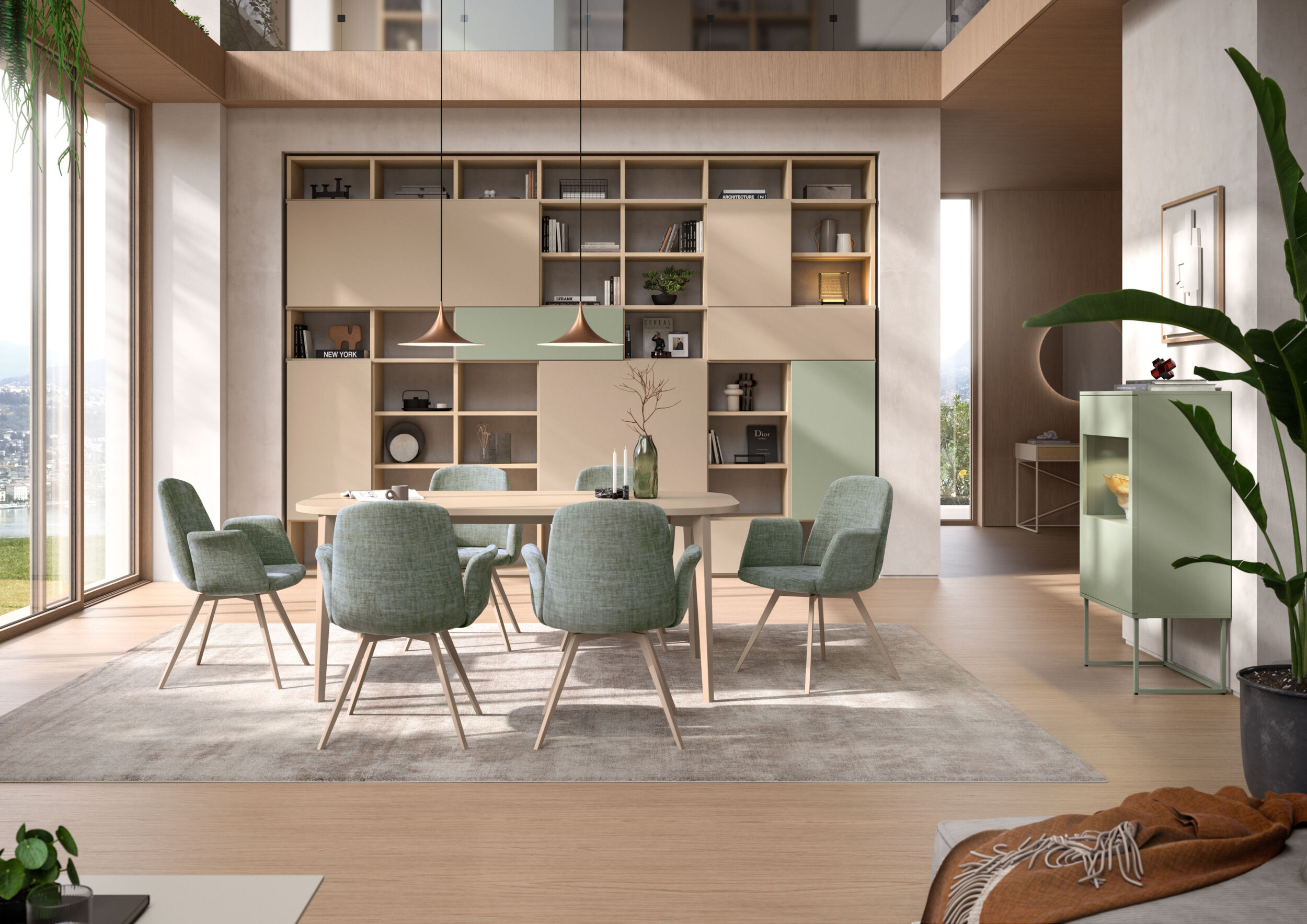 Das RMW-Programm „LAVITA“ in den neuen Lackfarben Toffee und Salbei in Kombination mit dem Eiche-Fineline-Furnier „CHIARO“. Außerdem: der neue Stuhl „R6“.