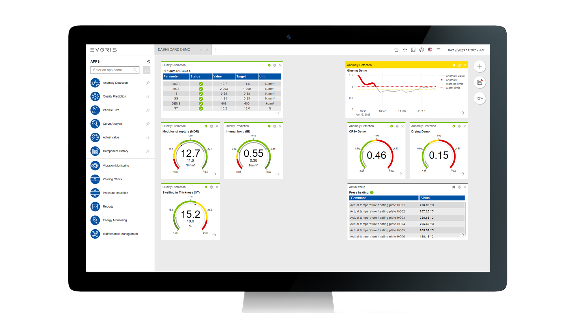 Evoris Start Center: Die Softwareplattform von Dieffenbacher integriert eine ständige Überwachung der Produktionsschritte sowie Vorhersagen und Optimierungen der Prozesse in der Holzwerkstofffertigung.