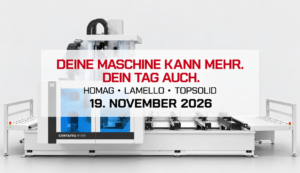 CompetenceCenter geöffnet 3 Am 19. November zeigen Homag, Lamello und Moldtech im CompetenceCenter in Herzebrock-Clarholz Prozesse der Holzbearbeitung.