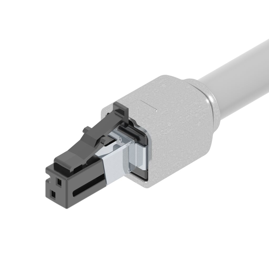 Der Panduit-IP20-SPE-Steckverbinder gemäß IEC63171-1 Typ 1 nimmt die halbe Grundfläche eines RJ45-Anschlusses ein und verfügt über eine positive Verriegelung für sichere Verbindungen.