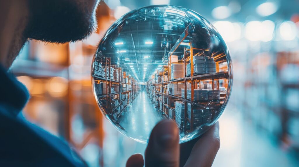 A person holds a crystal ball reflecting a warehouse showcasing