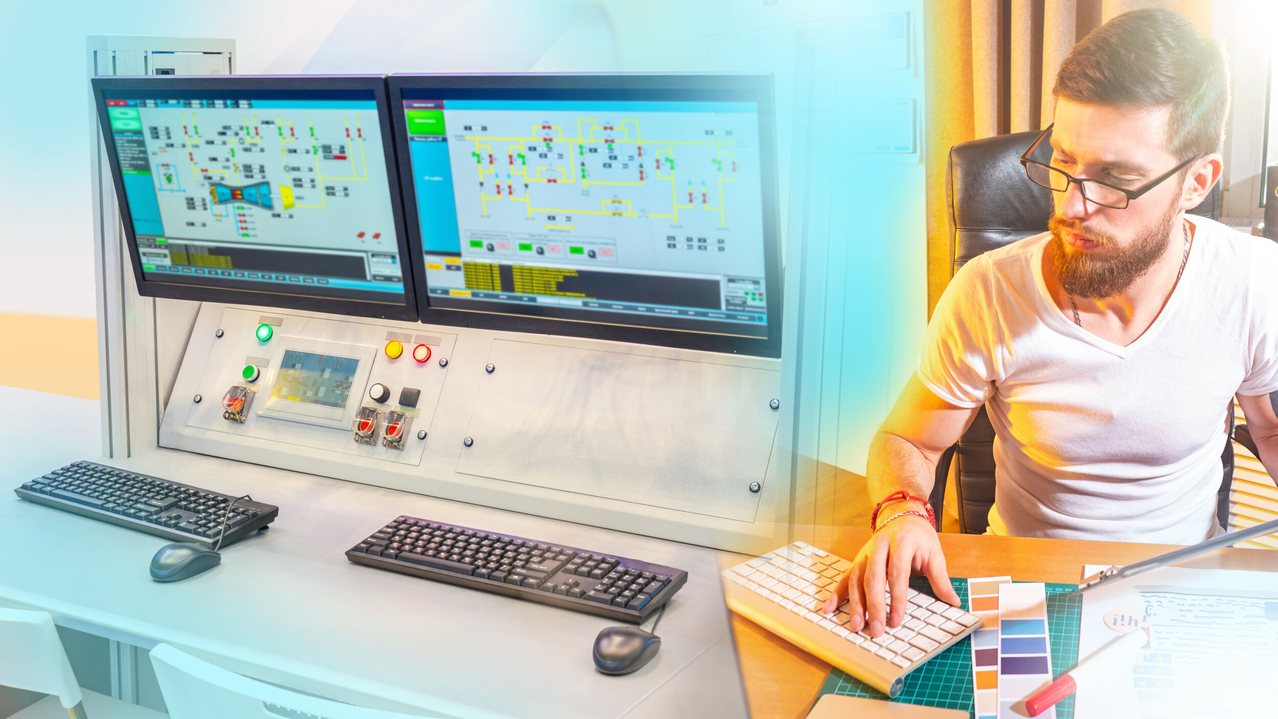 Control room and engineer. Optimization of the production manage