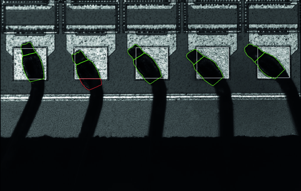Die Fertigung von Halbleitern stellt höchste Anforderungen an die Genauigkeit. In diesem Beispiel: Qualitätsinspektion des Kontakts zwischen einem elektronischen Bauteil und dem Chip.