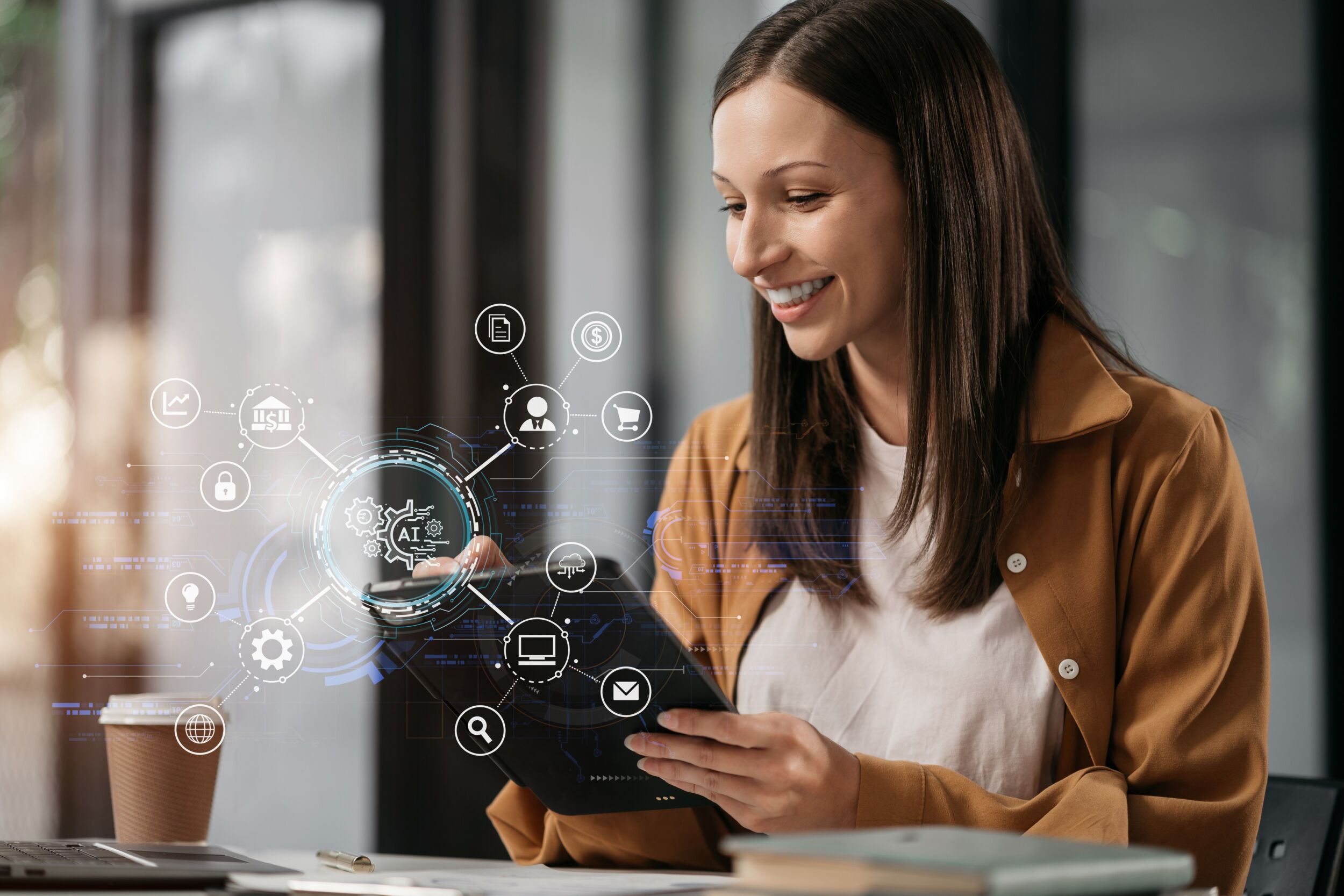 Digital transformation technology strategy Person using laptop tablet and smartphone with of things. transformation of ideas and the adoption